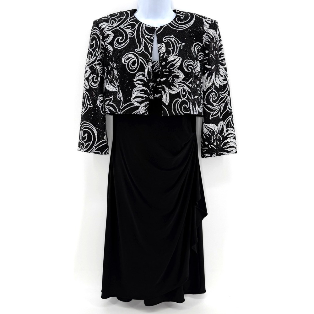 Alex Evenings 2 Pc Dress Jacket Set Women's 6 Black White Sequin Floral Midi For